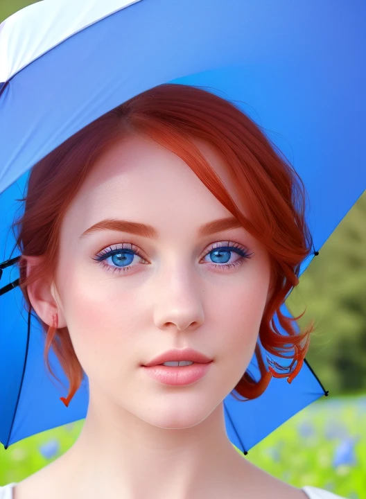 a woman coming in the middle of blue flowers field, ((holding with yours hand a open big blue umbrella)) ,(wearing a white short dress , perfect face , perfect lips, perfect nose, perfect eyes , red hair, blue eyes, without accessories, (extreme close-up: 1.9) , photorealistic