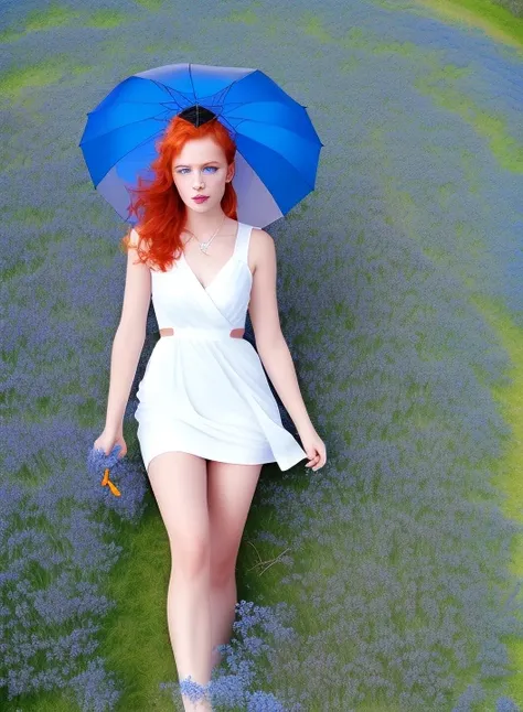 a woman  coming in the middle of blue flowers field, ((holding with yours hand a open  big  blue umbrella)) ,(wearing a white short dress , perfect face , perfect lips, perfect nose, perfect eyes , red hair, blue eyes, without accessories, (((shot taken from altitude 1.9 ))) , photorealistic