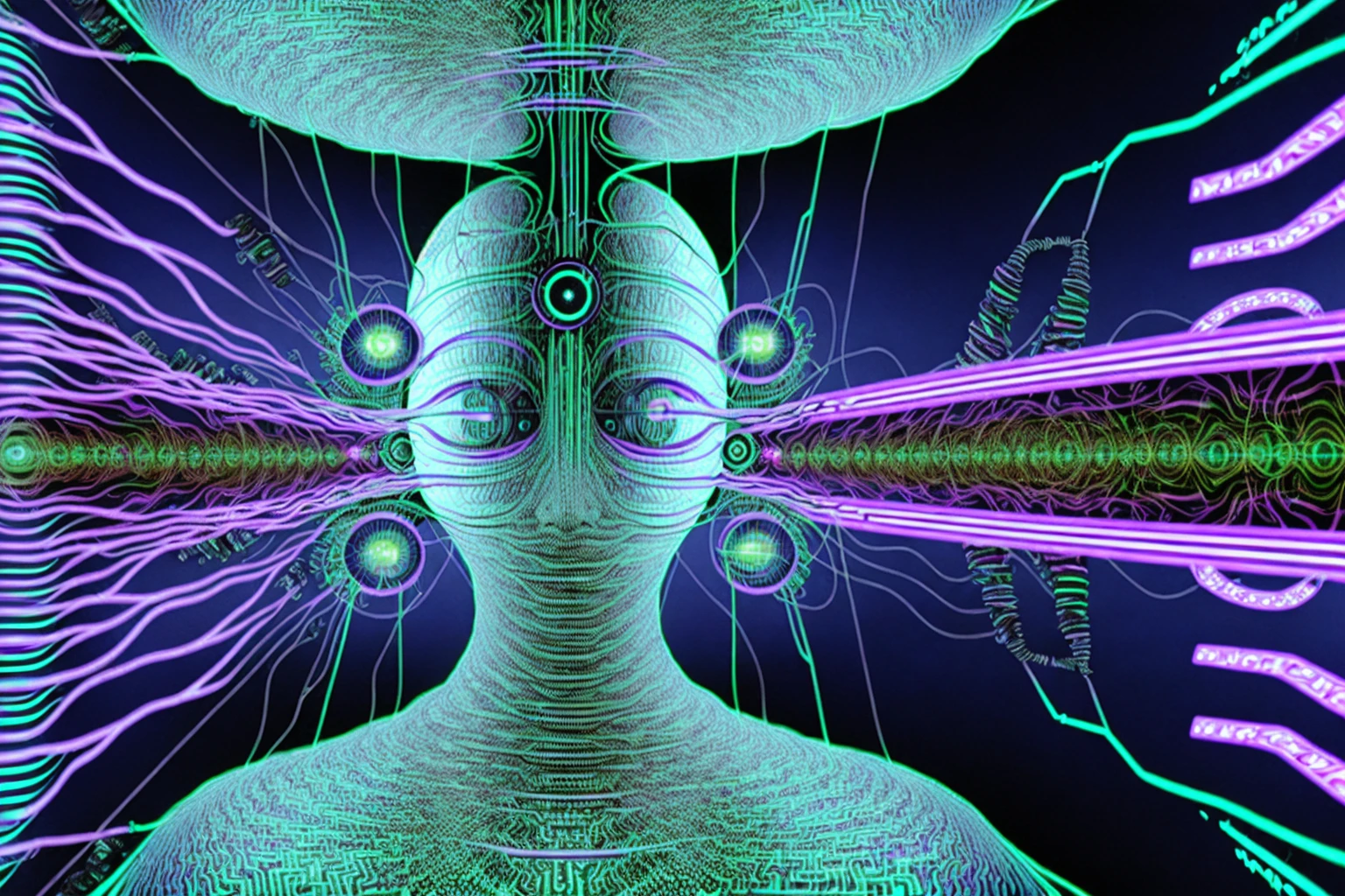 Mind-signal transmission peaked distorted bent, Unrestrained neuroreceivers short-circuit, System parameters over-gained. Nervethreads decoding the stream of the reality-inverting revolution. The patterned untruth of non-dream: The closed eye visual delusion.