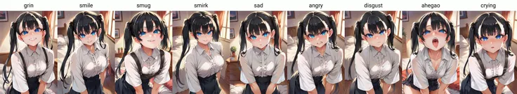 score_9, score_8_up, score_7_up, source_anime, 1girl,blue eyes,twintails, black hair, white blouse, black skirt, grin,looking at viewer, from front, bedroom, <lora:Asanagi-Style-PonyXL-Final:1>