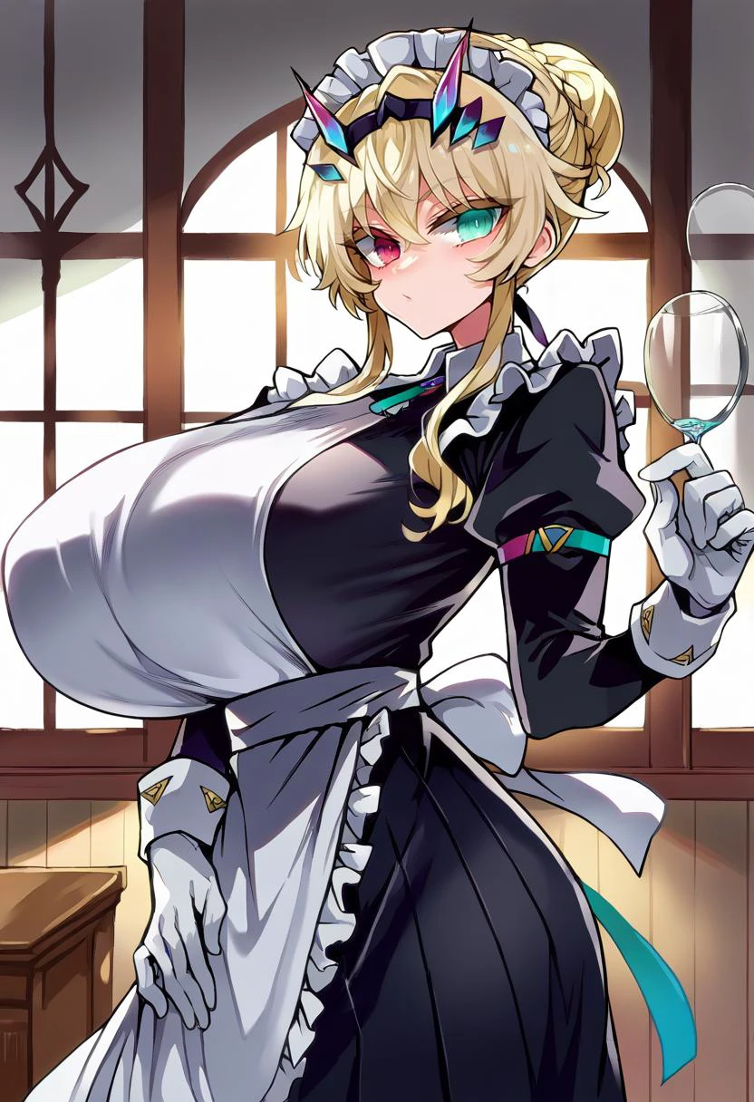 score_9, score_8_up, score_7_up, source_anime BREAK 1girl, solo, looking at viewer, cowboy shot, <lora:Barghest_Sdxl:0.9>, Barghest_Maid, platinum blonde hair, twin braids, short hair, sidelocks, hair up, hair bun, heterochromia, maid headdress, frilled dress, pleated dress, juliet sleeves, maid apron, collar, black skirt, long skirt, white gloves, huge breasts, curvy, indoors, vila, marble floor, glass table, day, window, <lora:Asanagi-Style-PonyXL-Final:1>