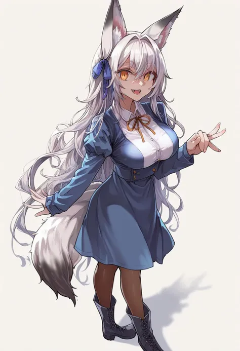 (score_9, score_8_up:1.1),score_7_up,zPDXL, 1girl, solo, tail, animal ears, long hair, maid dress, maid apron, pantyhose, fox tail, standing, fox ears, multiple tails, ribbon, (((white hair))), shirt, opened mouth, long sleeves, boots, full body, black footwear, fox shadow puppet, half closed eyes
looking at viewer, animal ear fluff, white shirt, simple background, very long hair, brown pantyhose, smile, big breasts, hair between eyes, orange eyes, jacket, frills, yellow eyes, neck ribbon, red ribbon, shadow, multicolowhite hair, wing collar, hair ribbon, black pantyhose, slit pupils, double tooth, two-tone hair, 
,<lora:kafu_Artist_Style:1>, detail1eye,