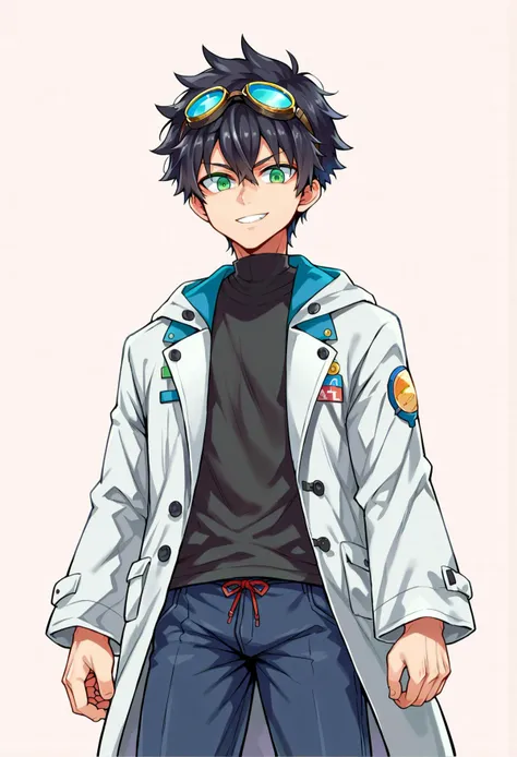 <lora:Asanagi-Style-PonyXL-Dora-v1.1:0.8>, score_9, score_8_up, score_7_up, source_anime,, solo, smile, 1boy, green eyes, short hair, black hair, bangs, hair between eyes, messy hair, (goggles on head:1.2),, headband, white coat, hooded coat, hood down, open coat, turtleneck, capri pants, pants, black knee boots,