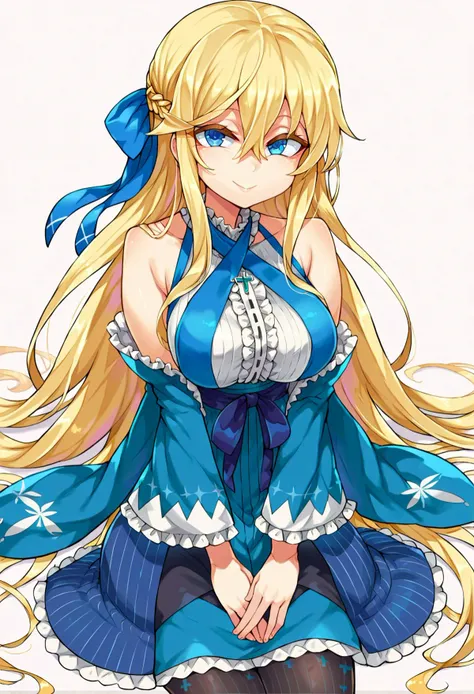 <lora:Asanagi-Style-PonyXL-Dora-v1.1:0.8> smile, v arms,, score_9, score_8_up, score_7_up, source_anime,, solo, soft smile, light smile,
1girl, blue eyes, very long hair, blonde hair, long blonde hair, french braid, bangs, hair between eyes, medium breasts,, hair ribbon, frilled choker, criss-cross halter, sleeveless dress, high-waist skirt, backless dress, blue dress, waist blue bow, detached sleeves, frilled sleeves, wide sleeves, blue sleeves, black pantyhose, patterned legwear, pinstripe pantyhose, mary janes, layered dress,