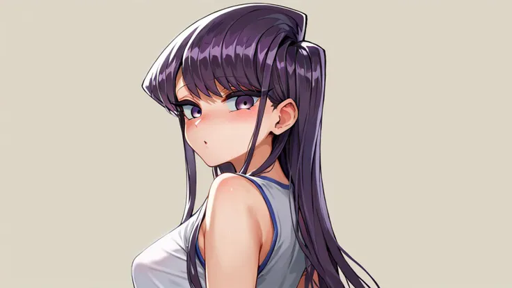 score_9,score_8_up,score_7_up,score_6_up,score_5_up,score_4_up,cute 18 year old girl,Komi Shouko,tall,perfect cute face,medium breasts,teardrop_breasts,small tight ass,purple hair,long hair,pale skin,purple eyes,<lora:Asanagi-Style-PonyXL-Dora-v1.1:0.8>,