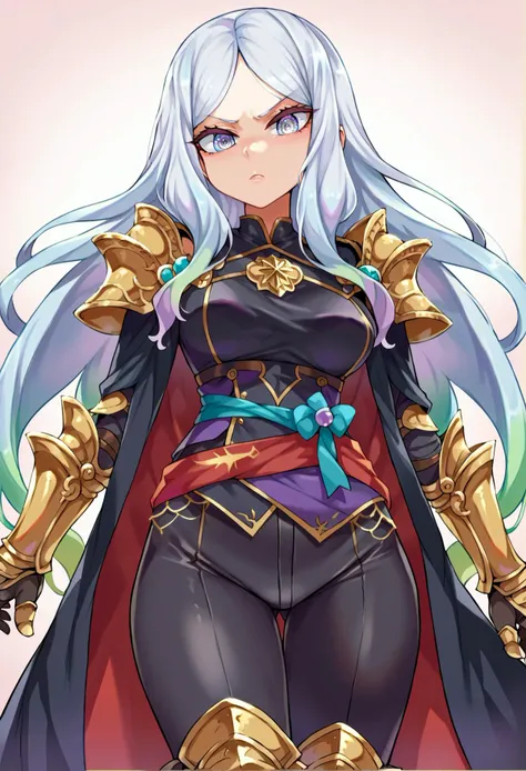 <lora:Asanagi-Style-PonyXL-Dora-v1.1:0.8>, score_9, score_8_up, score_7_up, source_anime,, serious, 1girl, white eyes, white hair, very long hair, parted hair, parted bangs, medium breasts, gradient hair, lilac hair,, armor, pauldrons, cuirass, gauntlets, waist cape, greaves, black bodysuit, surcoat, shoulder sash, wing shoulder armor, cape, pants,