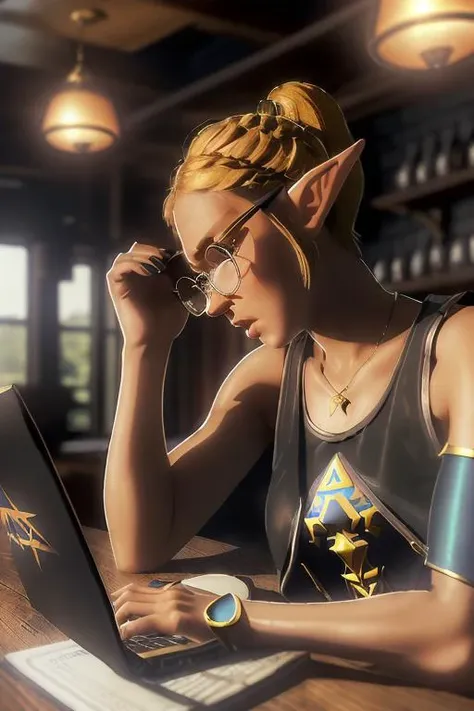 realistic premium quality portrait,
young hot and sexy nerdy hipster princess zelda with blonde short hair and elf ears, featuring huge horn-rimmed glasses, wearing a (lose black cropped tanktop:1.3) and tight sweatpants, sitting at a desk with a laptop,
thick eyebrows, frustrated and annoyed look and expression,
(background is inside crowded coffeeshop:1.1)
<lora:zelda_shorthair_v5:0.6> zelda\(princess\)
<lora:add_detail:0.3> <lora:breastsizeslideroffset:-0.5> <lora:slim-sd15:0.7>