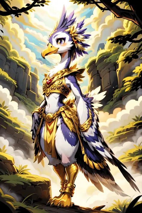 <lora:add_detail:0.5>, <lora:Furtastic_Detailer:0.5>,
 nature photography, masterpiece,
hero view,  rear view, (three quarter back) view, backside, over the shoulder,
cute avian anthro, anthro Crowned Crane, Mandarin Duck,  ((intricate Lavender feathers)),
cute-fine-face, cute Wren face, fluffy chest, cute, girl, young, small beak, flat chest, short neck, (cute, young), young adult, thick thighs, round thighs,
feather head dress, iridescent gold, golden necklace, golden anklets, golden bracelets,
golden harness, intricate golden loincloth, golden vest,
[[Winged Serpent Princess Dress, Serpent-scaled gown with intricate winged details, serpent-shaped jewelry, feathered anklets]],
Optimistic,
standing on misty rocks, high above the clouds, ground fog, swirling mist,
lying on a table,
uploaded on e621, by dagasi, by Manmosu Marimo, by Youjomodoki, by Kyoto Animation, by Hokusai ,
<lora:Vivid_Impactful_Style_locon_v4h:0.6> , vvi\(artstyle\),
<lora:mika_locon_v3l:0.4>,
<lora:FurryCoreV2New-07:0.4>, furrycore,
<lora:Riju:0.2>, game_gerudo_riju_aiwaifu69,
<lora:Rito-v1.4-NAI-000003:0.3> rito,
[zelda\(princess\), <lora:zelda_shorthair_v5:0.15>, cute chinese dragon, horns, <lora:cuedrangon1-000016:0.3>],
epic mountain peak, dramatic cliffs, epic clouds, dramatic clouds, awesome sky,
Mystical Forest Canopy, Deep within an ancient forest, sunlight filters through a canopy of towering trees, casting dappled shadows on the forest floor Wisps of mist cling to the branches, lending an air of mystery to the enchanted landscape Birds flit through the treetops, their calls echoing through the stillness of the forest,
detailed, high quality, 4k, smooth, sharp focus, high resolution, masterpiece, best quality, (intricate:0.9), (high detail:1.4),
[[[epic clouds background, epic clouds, volumetric lighting, volumetric atmosphere, morning mist]]],