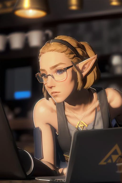 realistic premium quality portrait,
young hot and sexy nerdy hipster princess zelda with blonde short hair and elf ears, featuring huge horn-rimmed glasses, wearing a (lose black cropped tanktop:1.3) and tight sweatpants, sitting at a desk with a laptop,
thick eyebrows, frustrated and annoyed look and expression,
(background is inside crowded coffeeshop:1.1)
<lora:zelda_shorthair_v5:0.6> zelda\(princess\)
<lora:add_detail:0.3> <lora:breastsizeslideroffset:-0.5> <lora:slim-sd15:0.7>