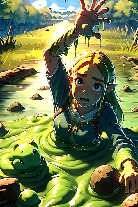 zelda\(princess\), swamp,bottomless swamp,sticky slime, slime (creature), slime (substance), dark, green, (from above, looking up, reaching towards viewer), reaching out, arm up, upper body, close-up, melting, drooling,, in the style of breath of the wild, tears of the kingdom, shocked, scarred, mouth open, arm outstretched, nintendo, <lora:bottomlessSwamp:0.8> <lora:zelda_shorthair_v5:0.5>, masterpiece, best quality, CG, wallpaper, HDR, high quality, high-definition, extremely detailed