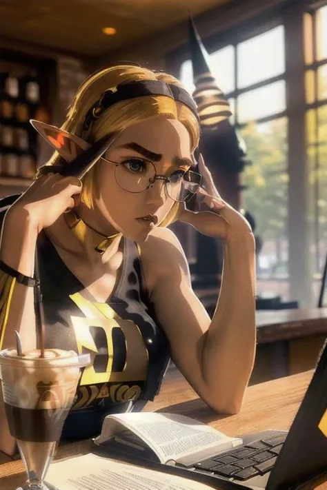 realistic premium quality portrait,
young hot and sexy nerdy hipster princess zelda with blonde short hair and elf ears, featuring huge horn-rimmed glasses, wearing a (lose black cropped tanktop:1.3) and tight sweatpants, sitting at a desk with a laptop,
thick eyebrows, frustrated and annoyed look and expression,
(background is inside crowded coffeeshop:1.1)
<lora:zelda_shorthair_v5:0.6> zelda\(princess\)
<lora:add_detail:0.3> <lora:breastsizeslideroffset:-0.5> <lora:slim-sd15:0.7>