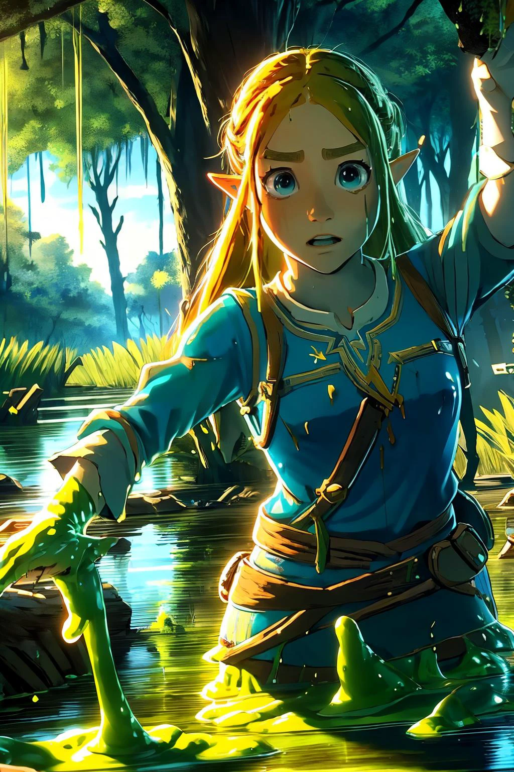 zelda\(princess\), swamp, bottomless swamp, sticky slime, slime (substance), in the style of breath of the wild, tears of the kingdom, shocked, scarred, mouth open, arm outstretched, nintendo, <lora:bottomlessSwamp:0.8> <lora:zelda_shorthair_v5:0.5>, masterpiece, best quality, CG, wallpaper, HDR, high quality, high-definition, extremely detailed