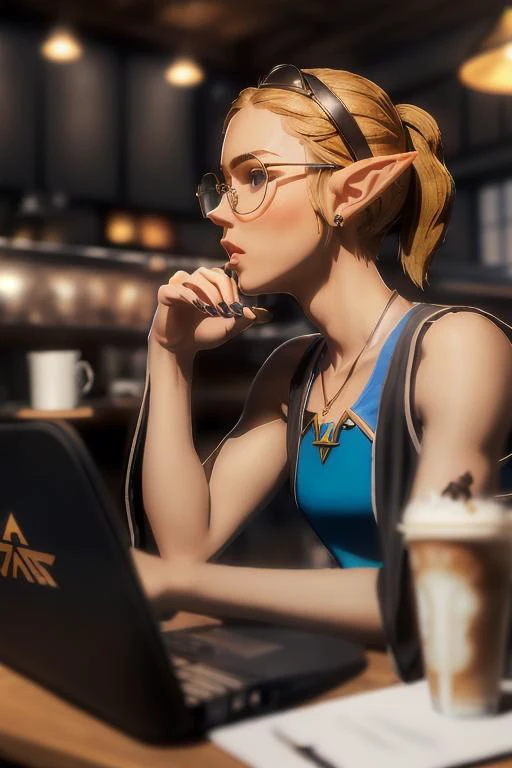 realistic premium quality portrait,
young hot and sexy nerdy hipster princess zelda with blonde short hair and elf ears, featuring huge horn-rimmed glasses, wearing a (lose black cropped tanktop:1.3) and tight sweatpants, sitting at a desk with a laptop,
thick eyebrows, frustrated and annoyed look and expression,
(background is inside crowded coffeeshop:1.1)
<lora:zelda_shorthair_v5:0.6> zelda\(princess\)
<lora:add_detail:0.3> <lora:breastsizeslideroffset:-0.5> <lora:slim-sd15:0.7>