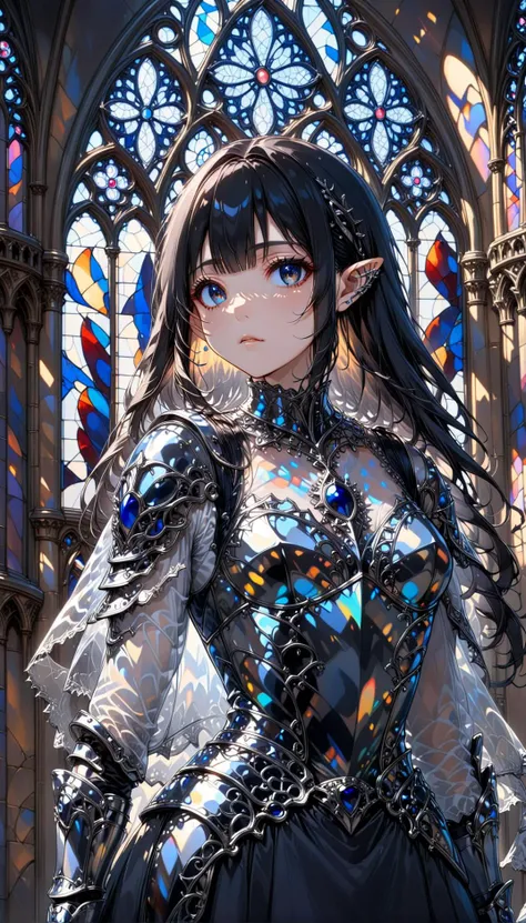 1girl, long ebony hair, blunt bangs, pointy ears,
in the center of Sainte Chapelle,
[black choker:thorns:0.4], [obsidian:silver:0.5] trim, [obsidian:silver:0.5] armor, armored dress, sheer dress, see-through jacket, clawed gauntlets, greaves,
very aesthetic, highres, 4k, 8k, intricate detail, cinematic lighting, amazing quality, amazing shading, detailed Illustration, official artwork, wallpaper, official art,
extremely detailed eyes and face, beautiful detailed eyes,
from below, upper body, dutch angle,
<lora:aesthetic_anime_v1s:1>
<lora:ral-obsdn:1>
<lora:tokyo_street_fashion_xl_1:1>