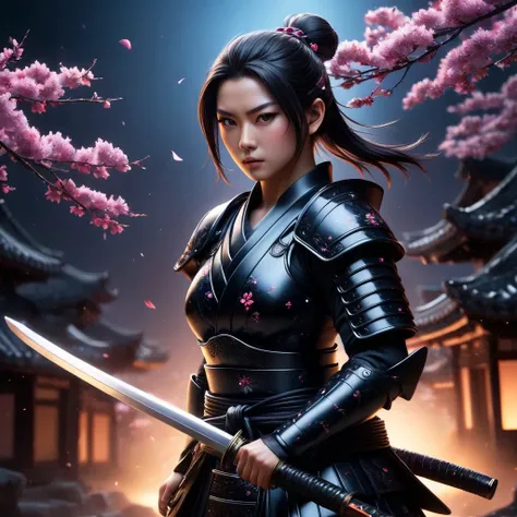 photo shot of a samurai girl,ral-obsdn armor,katana,glowing eyes,upper body,vibrant colors,dark night,windy,fighting pose,looking over shoulder,ominous atmosphere,blossoms in backgroundrealistic,highly detailed,lifelike,studio photo,colors,dynamic, cinematic,masterpiece,intricate,hdr,abstract fractal