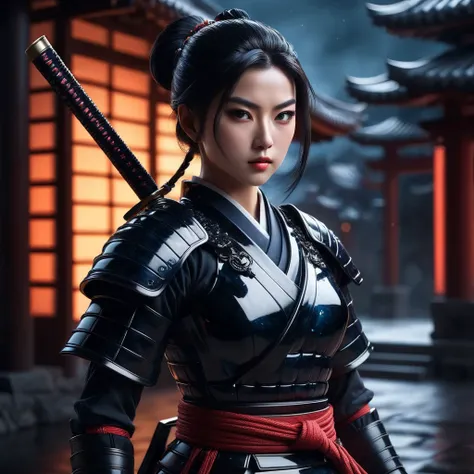 photo shot of a beautiful samurai girl,ral-obsdn armor,one katana,glowing eyes,upper body,vibrant colors,dark night,windy,action pose,looking over shoulder,ominous atmosphere,temple backgroundrealistic,highly detailed,lifelike,studio photo,colors,dynamic, cinematic,masterpiece,intricate,hdr,abstract fractal