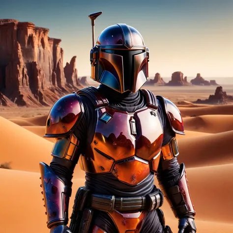 mandalorian with ral-obsdn armor,desert planet,vibrant colors,realistic,highly detailed,lifelike,studio photo,colors,dynamic, cinematic,masterpiece,intricate,hdr,abstract fractal