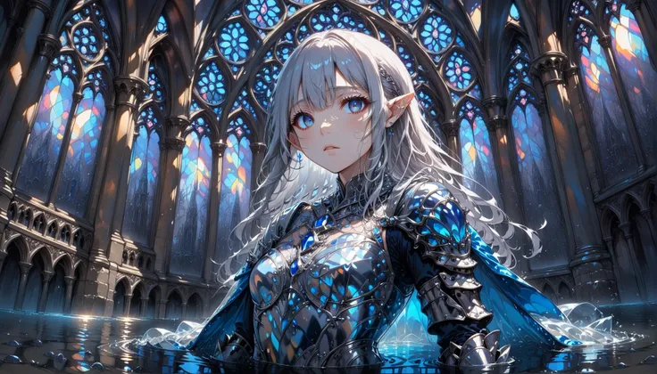 1girl, long silver hair, blunt bangs, pointy ears,
in the center of Sainte Chapelle filled with water, partially submerged, bioluminescence,
[black choker:thorns:0.4], [obsidian:silver:0.5] trim, [obsidian:silver:0.5] armor, armored dress, sheer dress, see-through jacket, coat, clawed gauntlets, greaves,
very aesthetic, highres, 4k, 8k, intricate detail, cinematic lighting, amazing quality, amazing shading, detailed Illustration, official artwork, wallpaper, official art,
extremely detailed eyes and face, beautiful detailed eyes,
from below, upper body, dutch angle,
<lora:aesthetic_anime_v1s:1>
<lora:ral-obsdn:1>
<lora:tokyo_street_fashion_xl_1:1>