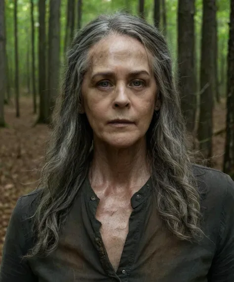 portrait,upper_body,TWDCarol walking in the woods cauciously,long hair,detailed irises and pupils,medium smoke,high detailed defined skin pores,high quality photography,cinematic composition,film grain,mirrorless camera,4k textures,4k resolution,The Walking Dead,<lora:TWDCarol:1>,<lora:add-detail-xl:1.5>,
