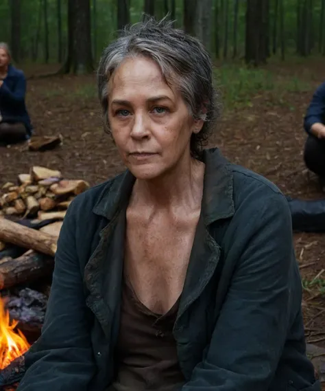 portrait,upper_body,TWDCarol sitting down next to a campfire,(crying_with_eyes_open:1.3),head_down,night time,detailed irises and pupils,medium smoke,high detailed defined skin pores,high quality photography,cinematic composition,film grain,mirrorless camera,4k textures,4k resolution,The Walking Dead,<lora:TWDCarol:1>,<lora:add-detail-xl:1.5>,