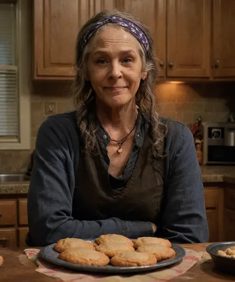 portrait,upper_body,TWDCarol baking cookies for zombies,giggling,((bandana:1.2)),long hair,detailed irises and pupils,high detailed defined skin pores,high quality photography,cinematic composition,film grain,mirrorless camera,4k textures,4k resolution,The Walking Dead,<lora:TWDCarol:1>,<lora:add-detail-xl:1.5>,