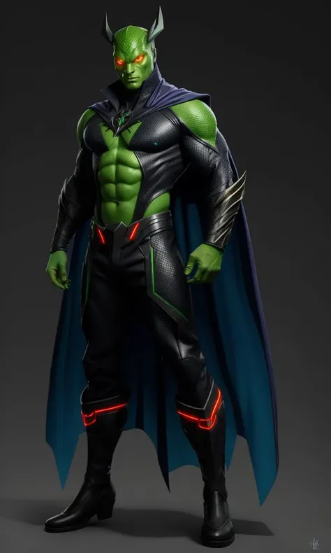 heromkr2023, 8k, uhd, best quality, masterpiece, full body, 1man, vibrant colors, evil villain, orange suit, green skin, glowing red eyes, lizard,