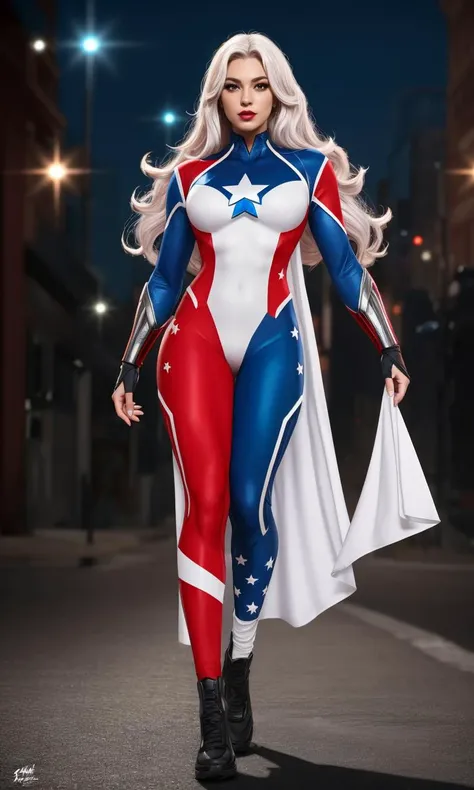 heromkr2023, 8k, uhd, best quality, masterpiece, full body, 1girl, vibrant colors, superhero, America, stars and stripes, white and blue costume, red accents