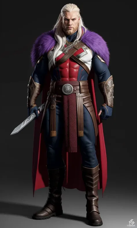 heromkr2023, 8k, uhd, best quality, masterpiece, full body, 1man, Norse god, vibrant colors,white hair, viking armor, superhero, fur trim,