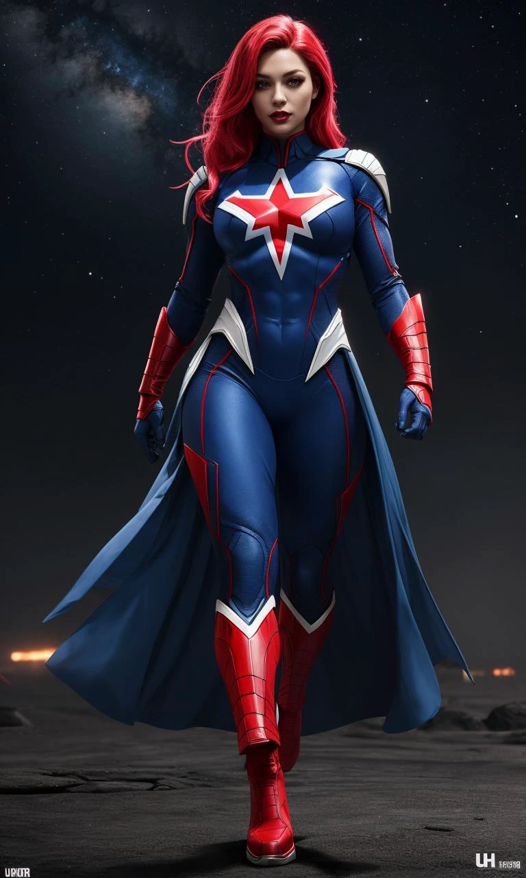 heromkr2023, 8k, uhd, best quality, masterpiece, full body, 1girl, vibrant colors, superhero, America, stars and stripes, white and blue costume, red accents
