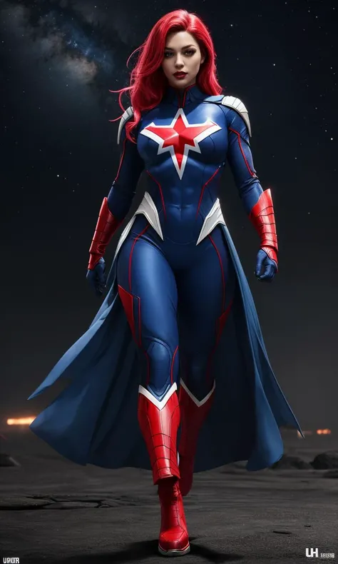 heromkr2023, 8k, uhd, best quality, masterpiece, full body, 1girl, vibrant colors, superhero, America, stars and stripes, white and blue costume, red accents