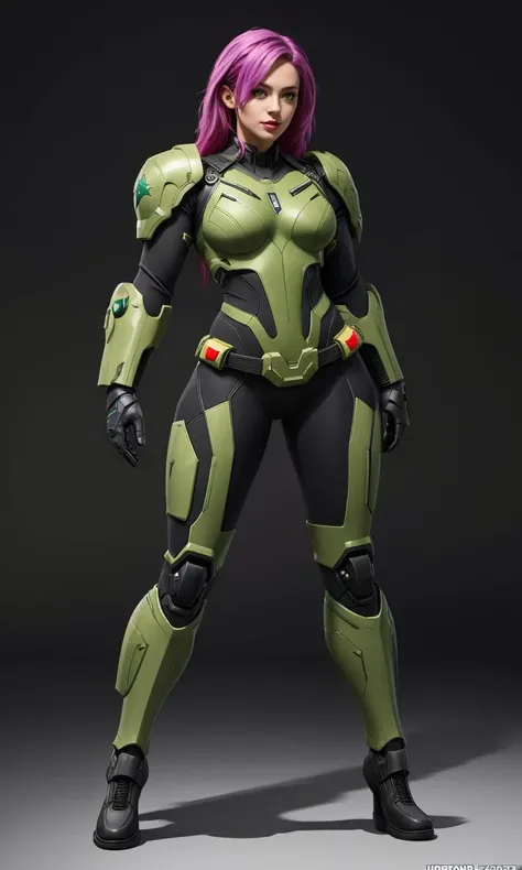 heromkr2023, 8k, uhd, best quality, masterpiece, full body, 1girl, vibrant colors, soldier, America, mech arms, green armour, stars and stripes