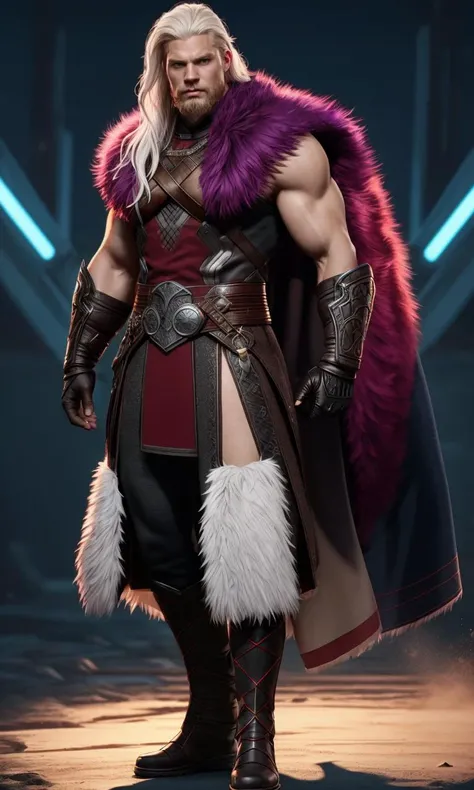 heromkr2023, 8k, uhd, best quality, masterpiece, full body, 1man, Norse god, vibrant colors,white hair, viking armor, superhero, fur trim,