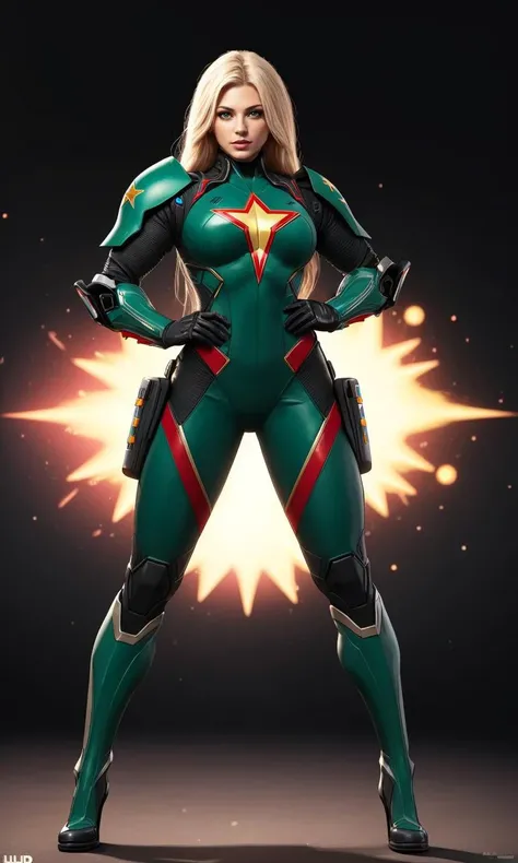 heromkr2023, 8k, uhd, best quality, masterpiece, full body, 1girl, vibrant colors, soldier, America, mech arms, green armour, stars and stripes