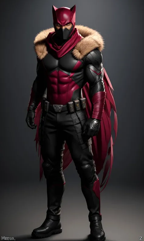 heromkr2023, 1 man, black costume, Burgandy accents, pauldrons, mask, logo on chest, 8k, uhd, best quality, masterpiece, full body, native American man, strong jawline, superhero, wolf cowl, fur collar, tactical,
