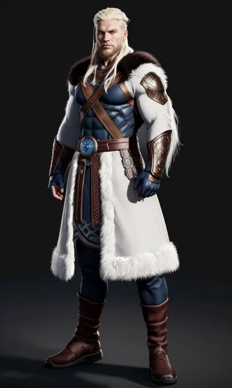 heromkr2023, 8k, uhd, best quality, masterpiece, full body, 1man, Norse god, vibrant colors,white hair, viking armor, superhero, fur trim,
