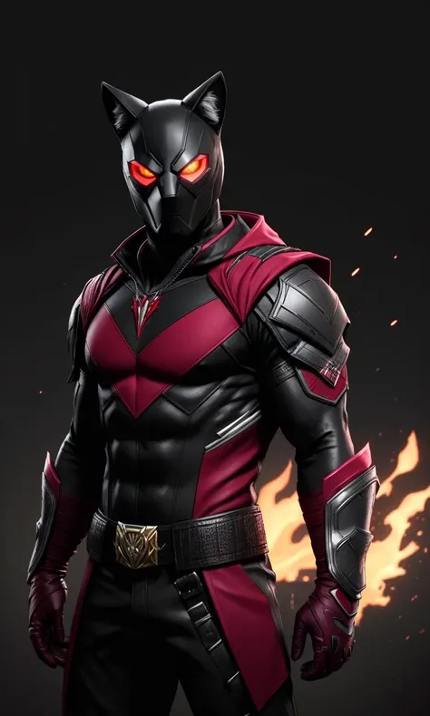 heromkr2023,1 man, black costume, Burgandy accents, wolf pauldrons, mask, wolf logo on chest, 8k, uhd, best quality, masterpiece,