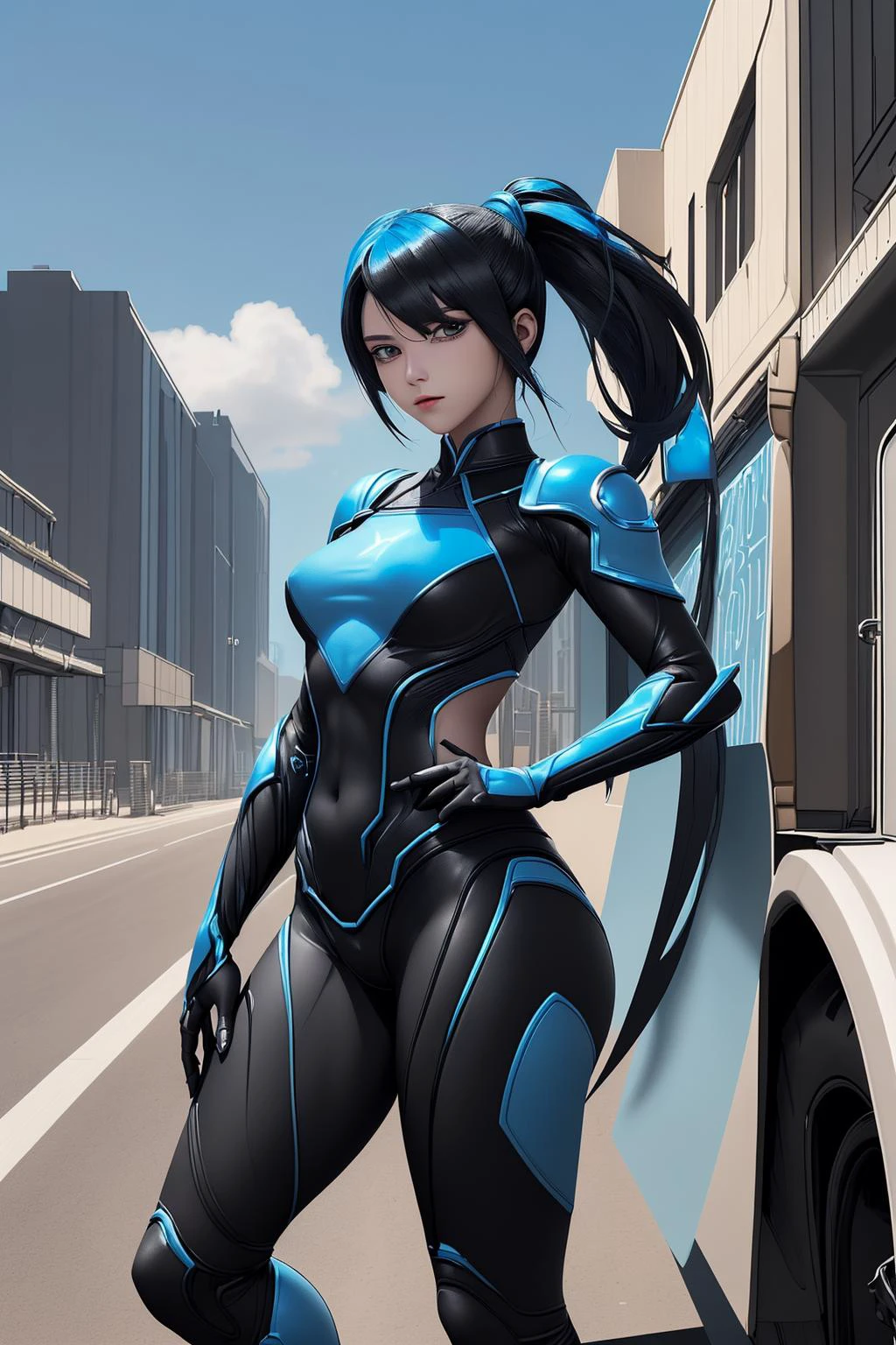 1girl, <lora:heromkr2023:0.6>, heromkr2023, truck ninja, sky blue and black