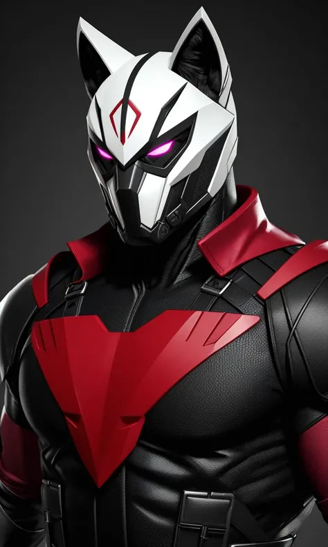 heromkr2023,1 man, black costume, Burgandy accents, wolf pauldrons, mask, wolf logo on chest, 8k, uhd, best quality, masterpiece,