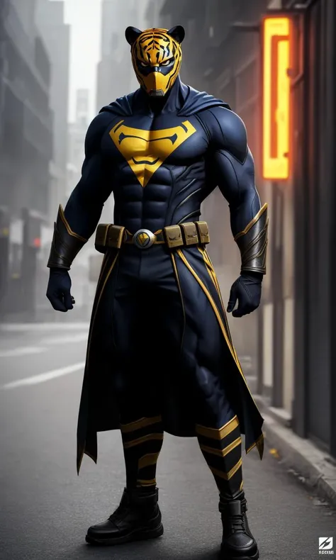 heromkr2023, 8k, uhd, best quality, masterpiece, full body, 1man, vibrant colors, tiger stripe, yellow, masked hero,