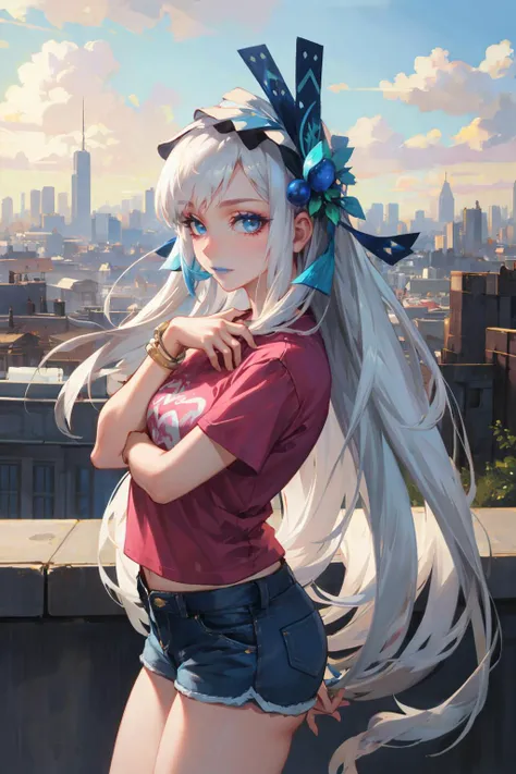 masterpiece, best quality, <lora:aoandon-nvwls-v1-000009:0.9> aoandon, hair ornament, blue lipstick, pink t-shirt, bracelet, jean shorts, from side, arched back, hand on own chest, sky, cityscape, looking at viewer, very long hair