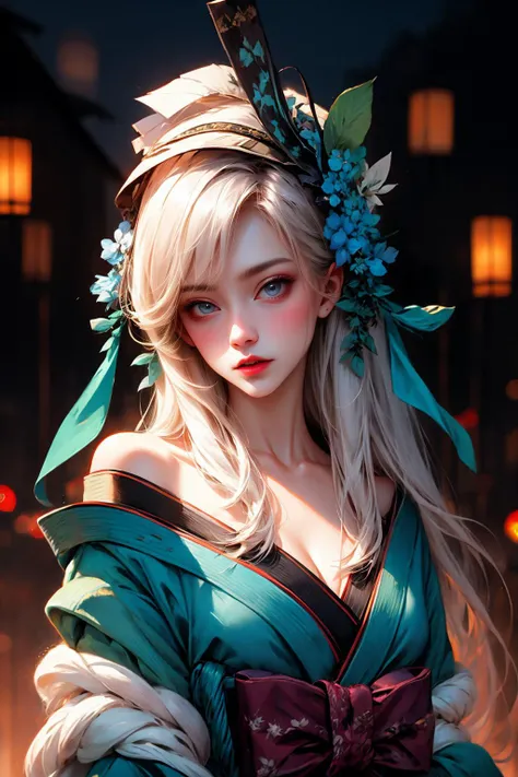 masterpiece, best quality, 8K, Bokeh, <lora:aoandon-nvwls-v1:0.8> aoandon, naughty face, hair ornament, blue lipstick, off-shoulder kimono, japanese clothes, cleavage, upper body, looking at viewer, night <lora:EraseGroinSkirt:1> <lora:add_detail:0.8>  closeup