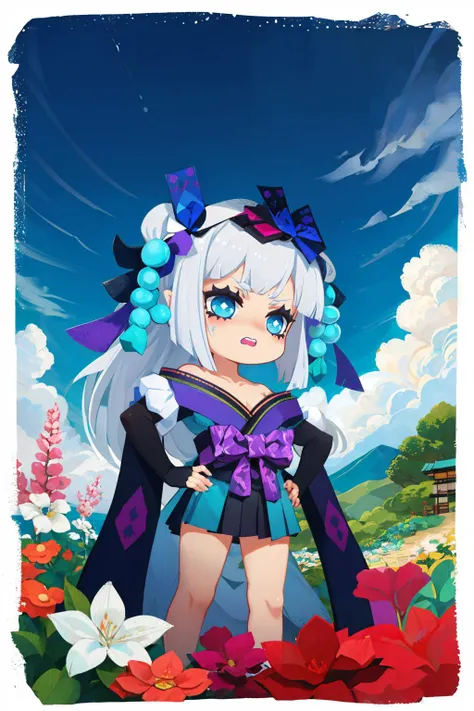 masterpiece, best quality, <lora:aoandon-nvwls-v1-000009:0.9> aoandon, hair ornament, blue lipstick, off-shoulder kimono, japanese clothes, cleavage, purple bow, black skirt, fingerless gloves, elbow gloves <lora:style_onmyoji-20:1> border, chibi, furrowed brow, open mouth, hands on hips, garden, blue sky, clouds, solo