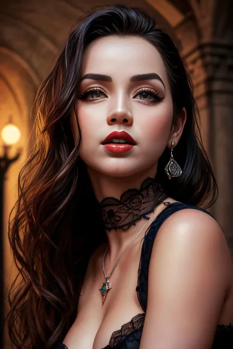Vampire the Masquerade, (analog style), (full body shot), a photo of a slender seductive (vampire:1.4) woman, young Ana De Armas, in a medieval castle ((at night)), mascara, eye shadow, (realistic textured skin, skin pores:1.3), jewelry, (flawless face), (pale skin, pallid skin), blood red lips, ((photorealistic):1.5), (raw, 8k:1.2), dark, mist, moonlight, full moon, perfect lighting, perfect shading, volumetric lighting, subsurface scattering, wearing intricate expensive elaborate lacy royal blue gown, stiletto heels, lace choker with cameo, medium breasts, cleavage, perfect lighting, (beautiful eyes), (highest quality, masterpiece:1.3), (fantasy art), (style oil painting:1.5), (empty hands:1.3), (photorealistic:1.6), <lora:add_detail:0.4>, vmpr, (thelab-ada)