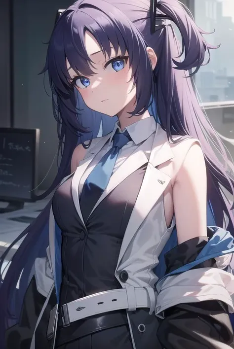 1girl, bangs, belt, black jacket, black skirt, blue necktie, blush, breasts, collared shirt, formal, halo, hand on hip, id card, jacket, long hair, long sleeves, looking at viewer, medium breasts, multicolored jacket, necktie, off shoulder, open clothes, open jacket, parted bangs, pleated skirt, purple eyes, purple hair, shirt, simple background, skirt, smile, solo, suit, two side up, white background, white belt, white jacket, white shirt, yuuka \(blue archive\), masterpiece, highres, (best quality:1.2)