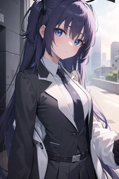 bluearchiveyuuka, <lyco:yuuka-lyco-nochekaiser:1>,
yuuka, blue eyes, halo, purple hair, two side up, long hair,
BREAK belt, black gloves, (black suit:1.5), black skirt, blue necktie, gloves, halo, jacket, necktie, off shoulder, skirt, two-sided fabric, two-sided jacket, white belt, (white jacket:1.5),
BREAK looking at viewer,
BREAK outdoors,
BREAK <lyco:GoodHands-beta2:1>, (masterpiece:1.2), best quality, high resolution, unity 8k wallpaper, (illustration:0.8), (beautiful detailed eyes:1.6), extremely detailed face, perfect lighting, extremely detailed CG, (perfect hands, perfect anatomy),