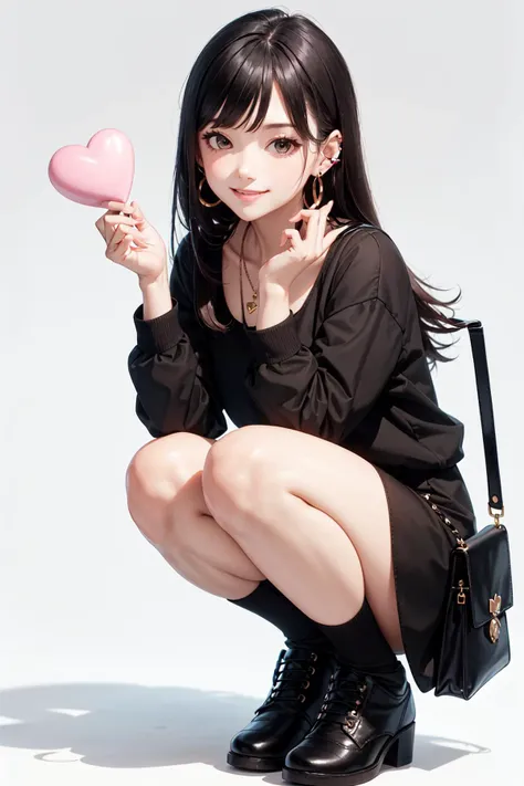 1girl, bag, bangs, black hair, black skirt, brown eyes, can, clothing cutout, ear piercing, earrings, heart, jewelry, long hair, long sleeves, looking at viewer, piercing, see-through, shoes, simple background, skirt, solo, squatting, smile, shy, white background, , (((masterpiece, best quality)))