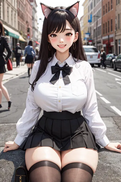 animal ears, skirt, thighhighs, kneels, breasts, shirt, outdoors, huge breasts, black hair, long hair, black skirt, solo focus, blurry background, white shirt, blush, smile, looking at viewer, thighs, blurry, bowtie, street, shirt tucked in, pleated skirt, black bow, collared shirt, bow, bangs,  bag, thick thighs, black bowtie, 1girl, cat ears, seductive smile, open mouth, long sleeves, skindentation, blush, brick road, city, zettai ryouiki, lips, mole, black eyes, brown eyes, day, earrings, high-waist skirt, curvy, building, extra ears, miniskirt, jewelry, photo background, (masterpiece, best quality),(worst:-1.2), (drawing:-1), (normal:-1)