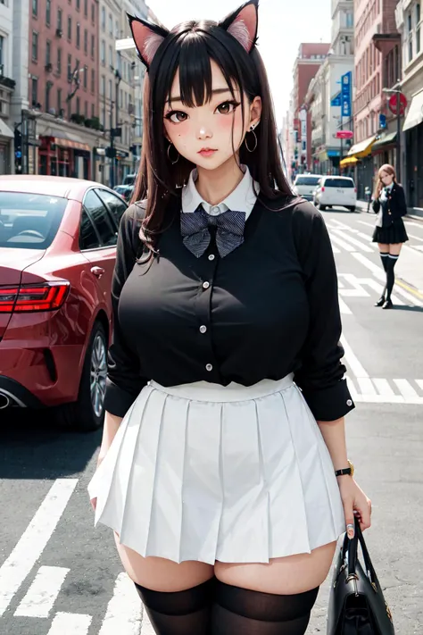 animal ears, skirt, thighhighs, breasts, shirt, outdoors, huge breasts, black hair, long hair, black skirt, solo focus, blurry background, white shirt, looking at viewer, thighs, blurry, bowtie, street, shirt tucked in, pleated skirt, black bow, collared shirt, bow, bangs, car, bag, thick thighs, black bowtie, 1girl, cat ears, closed mouth, long sleeves, skindentation, motor vehicle, blush, road, city, standing, zettai ryouiki, lips, mole, ground vehicle, multiple girls, black eyes, brown eyes, day, earrings, high-waist skirt, curvy, building, extra ears, miniskirt, jewelry, photo background, (masterpiece, best quality),(worst:-1.2), (drawing:-1), (normal:-1)