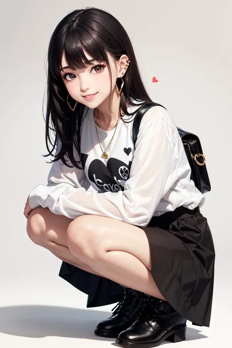 1girl, bag, bangs, black hair, black skirt, brown eyes, can, clothing cutout, ear piercing, earrings, heart, jewelry, long hair, long sleeves, looking at viewer, piercing, see-through, shoes, simple background, skirt, solo, squatting, smile, shy, white background, , (((masterpiece, best quality)))