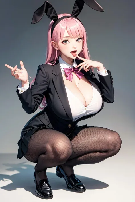 1girl, gigantic breasts, solo, animal ears, rabbit ears, squatting, bow, pantyhose, long hair, cleavage, skirt, bowtie, black bow, pink hair, black footwear, looking at viewer, fake animal ears, huge breasts, open mouth, jacket, bangs, blush, black skirt, pleated skirt, full body, shoes, black jacket, long sleeves, tongue, shadow, grey background, fishnets, hairband, gradient, fingernails, loafers, gradient background, black pantyhose, brown pantyhose, thighs, tongue out, black shirt, finger to mouth, simple background, smile, sidelocks, fishnet pantyhose, hair bow, hand up, grey eyes, shirt, black hairband, , (((masterpiece, best quality)))